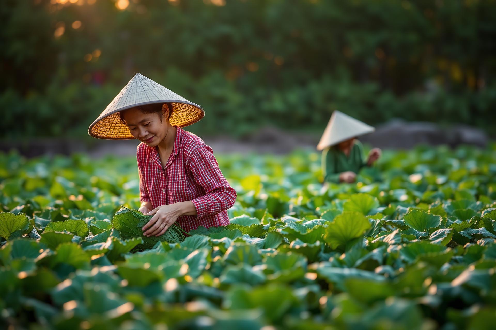Farmers harvesting fresh vegetables at sunrise